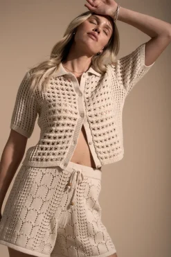 Elementary Dune Crochet Detail Collared Cardi