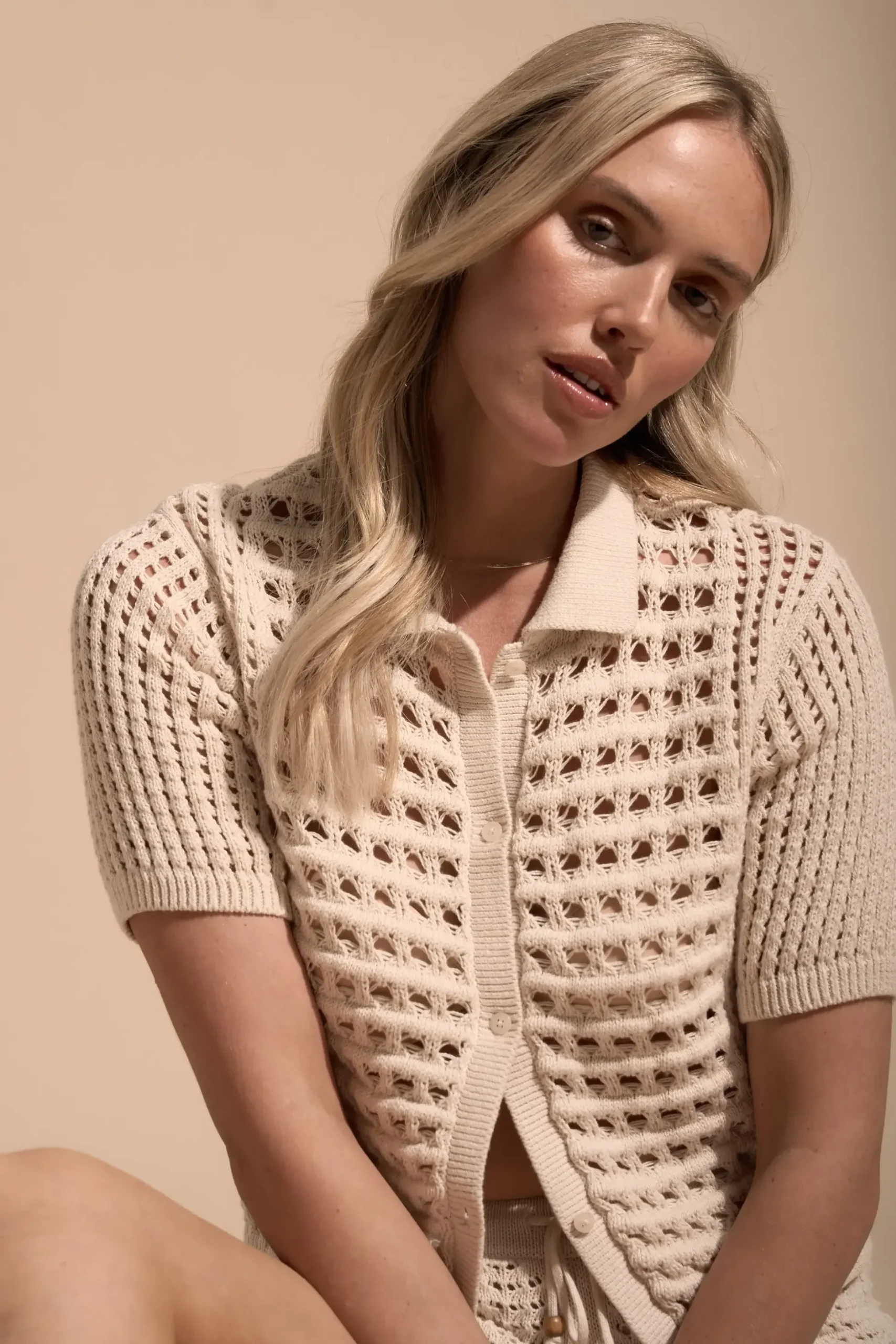 Elementary Dune Crochet Detail Collared Cardi