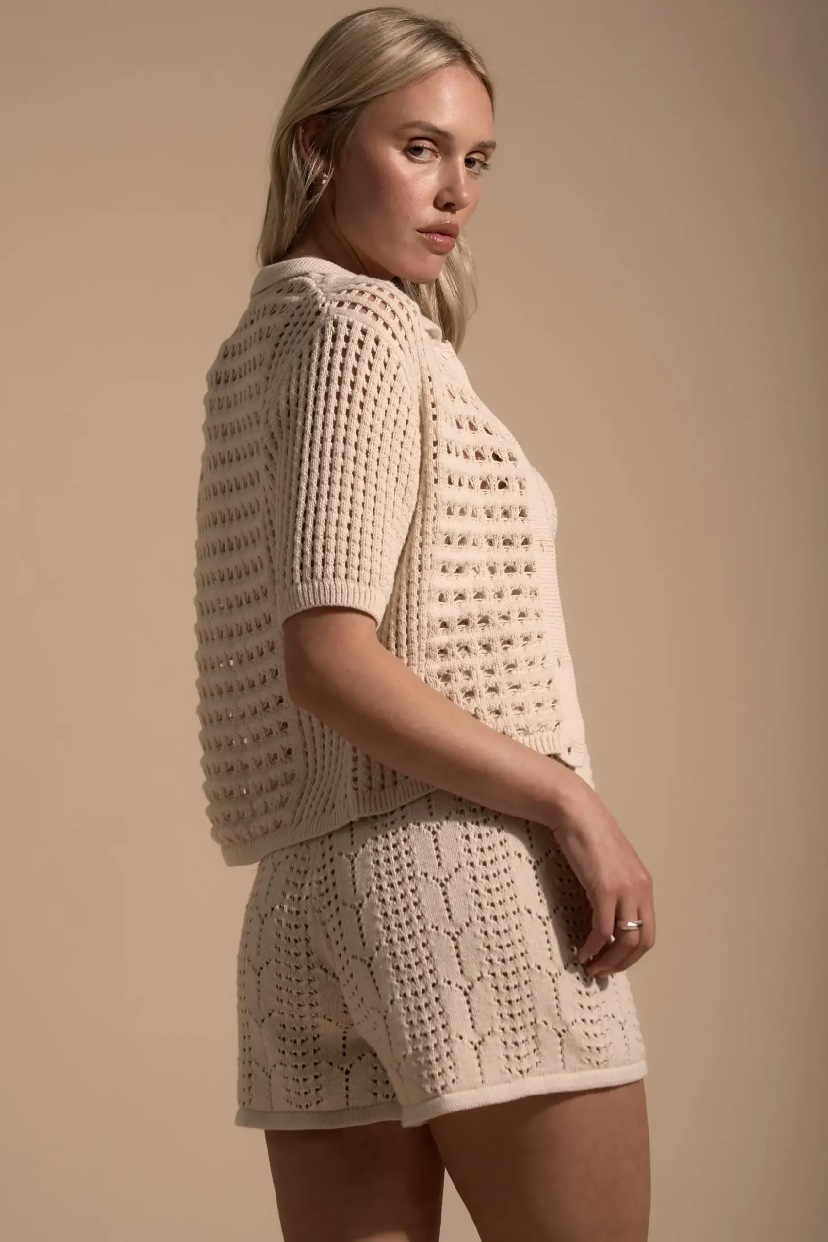Elementary Dune Crochet Detail Collared Cardi
